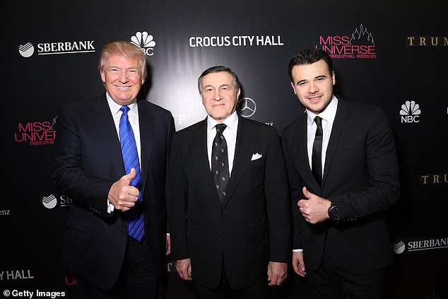Relationship: Emin Agalarov (right) and his father Aras (center) had built links to the Trumps since before they hosted the 2013 Miss Universe pageant in Moscow. Emin used that relationship to facilitate the Trump Tower meeting in June 2016, but told DailyMailTV in December thatr it was 