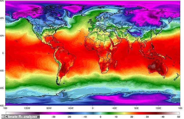 A map shows temperatures across the globe today, as Russia enjoys an unseasonably warm winter