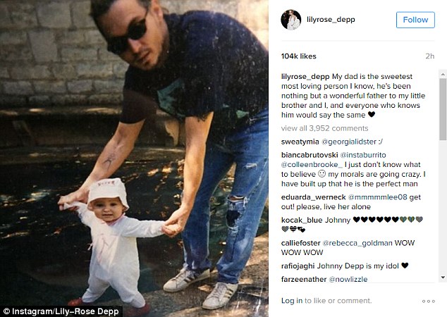 Defiant: Lily-Rose Depp posted this throwback photo of her father to defend him against abuse claims on Sunday. She also wrote a touching testimony, calling him a