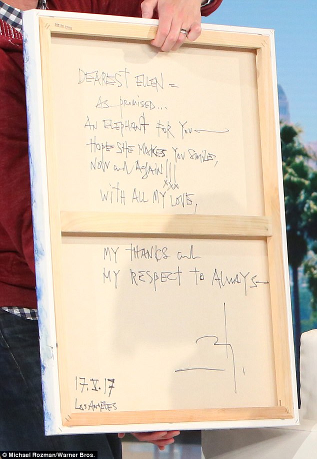 He paints, too: Depp presented Ellen with an elephant painting he composed the night prior