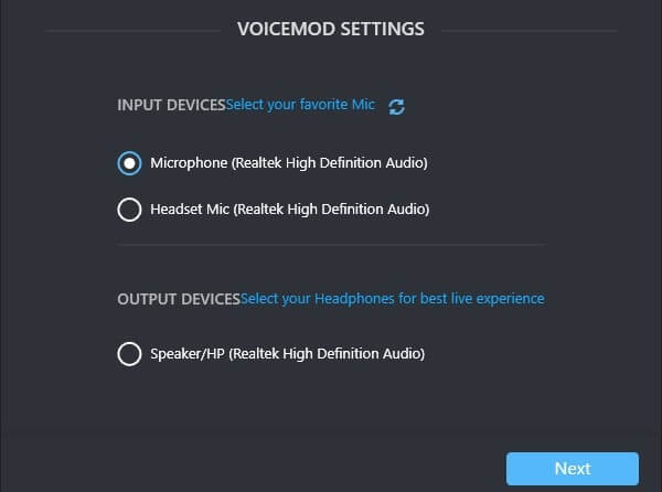 VoiceMod Input Output Device Settings