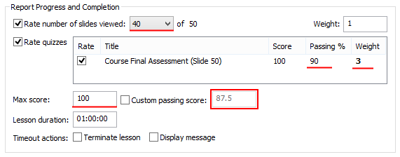 Rate number of slides viewed 40 of 50 Rate quiz, passing score 90%, weight 3.
